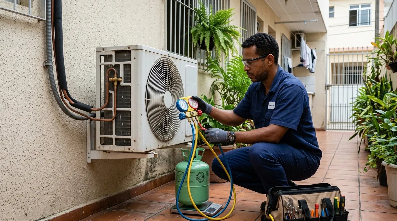 Técnico fazendo carga de gás na condensadora do ar-condicionado em Londrina‑PR