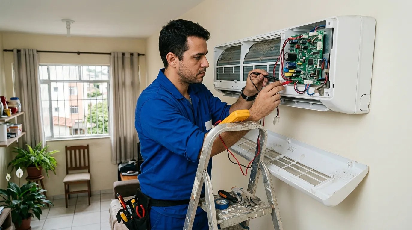 Técnico trocando a placa eletrônica de ar-condicionado split em Londrina‑PR