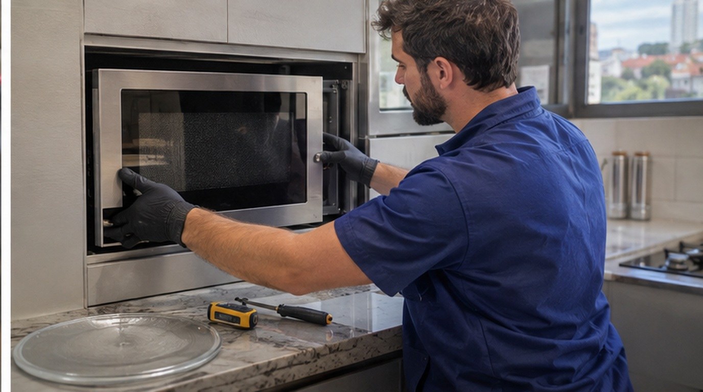 Conserto de micro-ondas de embutir em Londrina‑PR: técnico encaixando o aparelho no armário