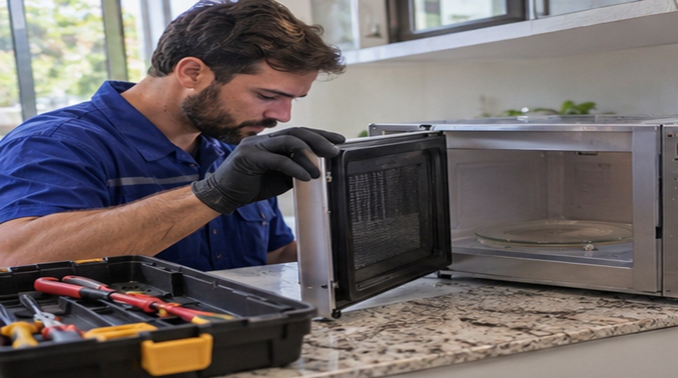 Conserto de micro-ondas em Londrina‑PR: técnico abrindo um micro-ondas de bancada