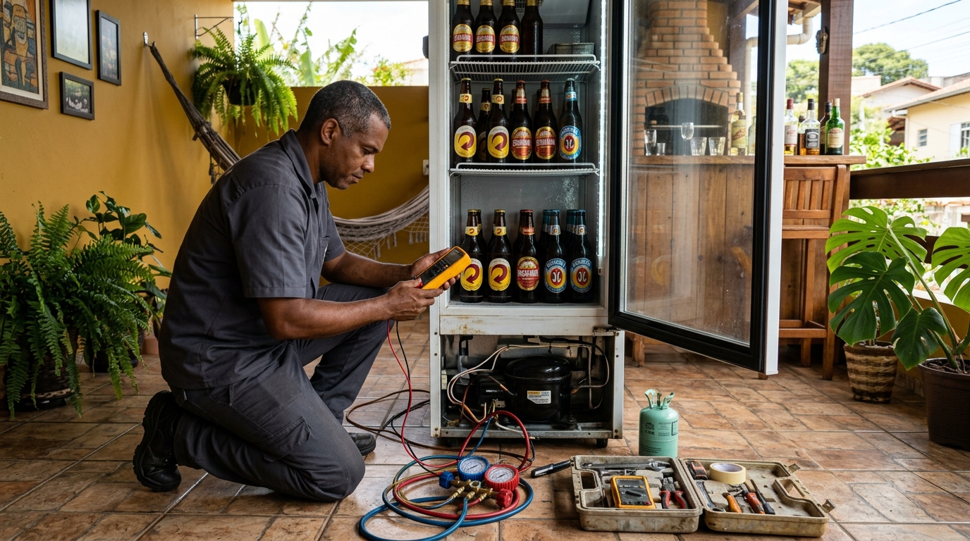 Placa eletrônica de cervejeira em reparo na bancada no Vale do Sol, Londrina‑PR