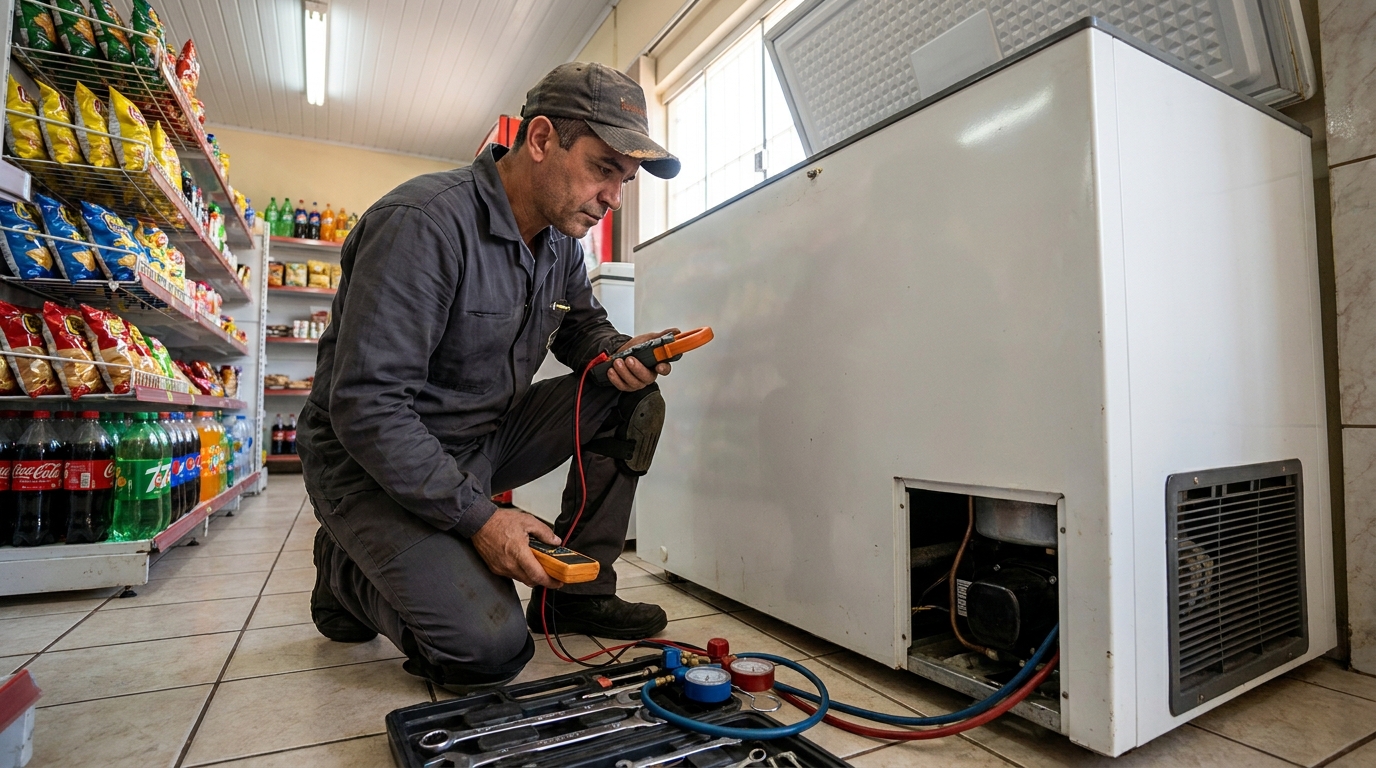 Reparo da placa eletrônica de um freezer em atendimento no Distrito Warta, Londrina‑PR
