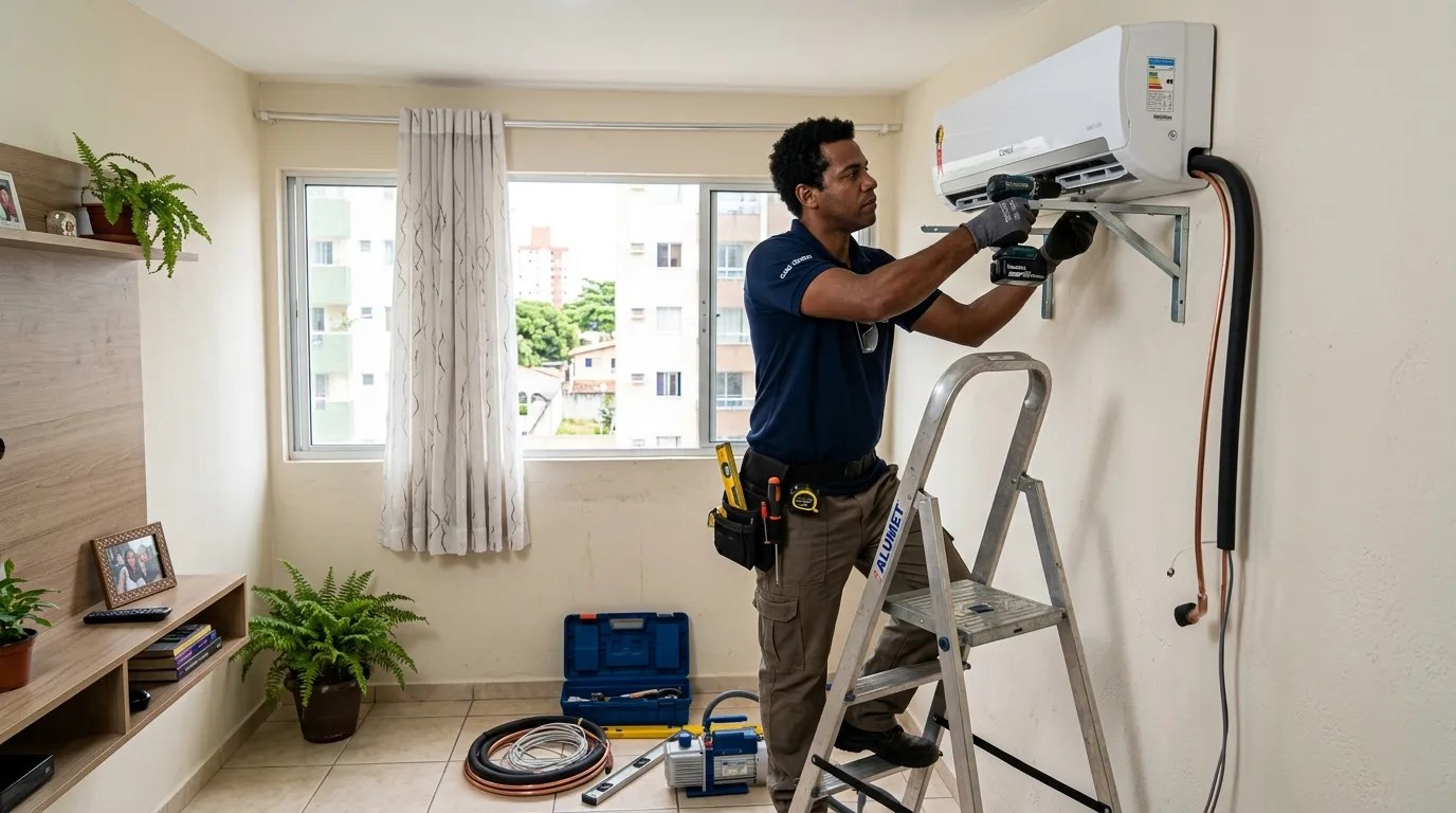 Técnico instalando ar-condicionado split em residência em Londrina‑PR