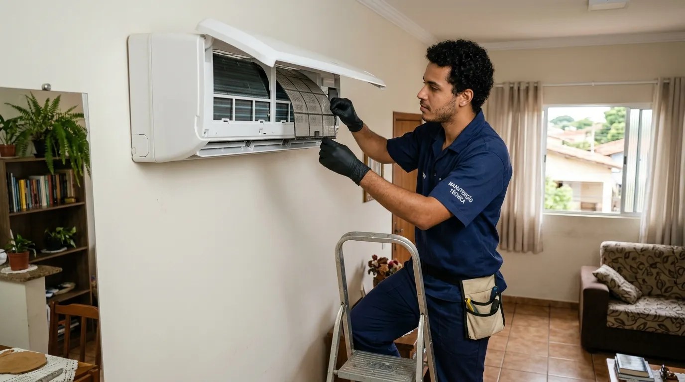 Técnico fazendo limpeza e higienização de ar-condicionado split em Londrina‑PR