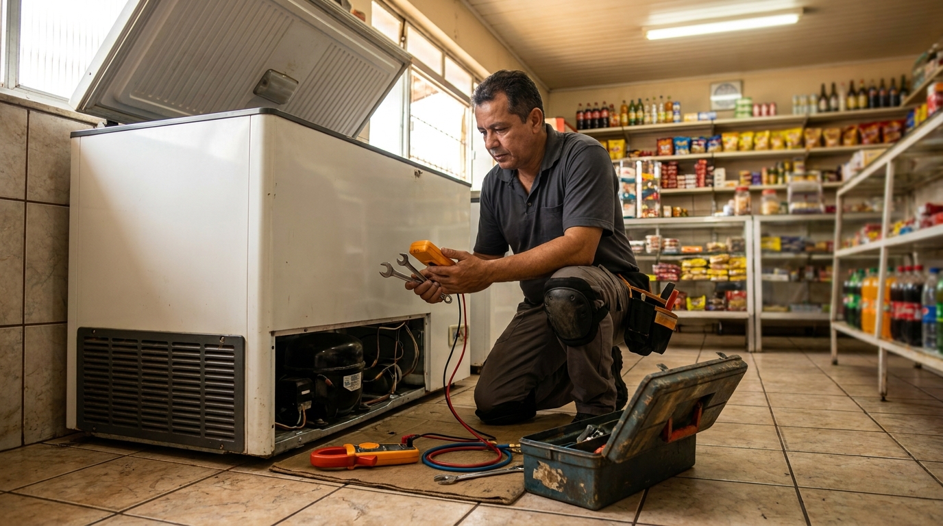 Técnico reparando o motor de um freezer horizontal no Distrito Warta, Londrina‑PR