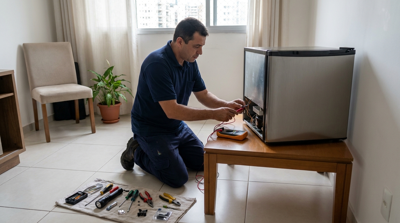 Técnico revisando o motor de um frigobar na Brasilândia, Londrina‑PR
