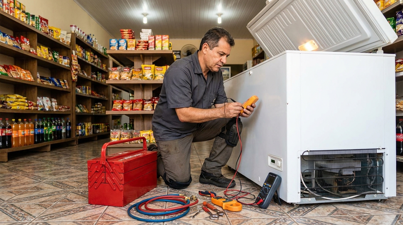 Manômetro conectado ao circuito durante recarga de gás de freezer no Distrito Warta, Londrina‑PR