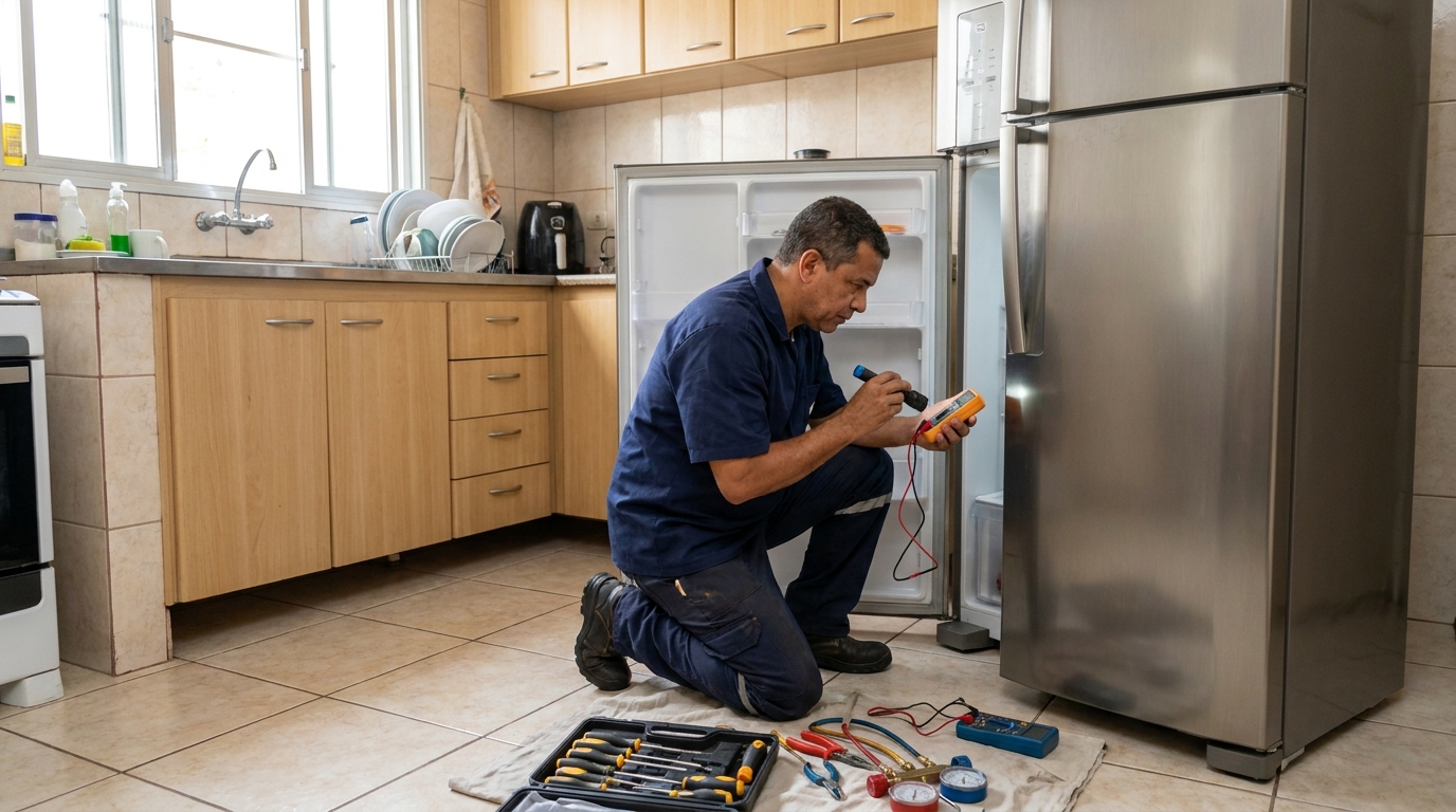 Técnico fazendo recarga de gás em geladeira de cliente no Panamá, Londrina‑PR