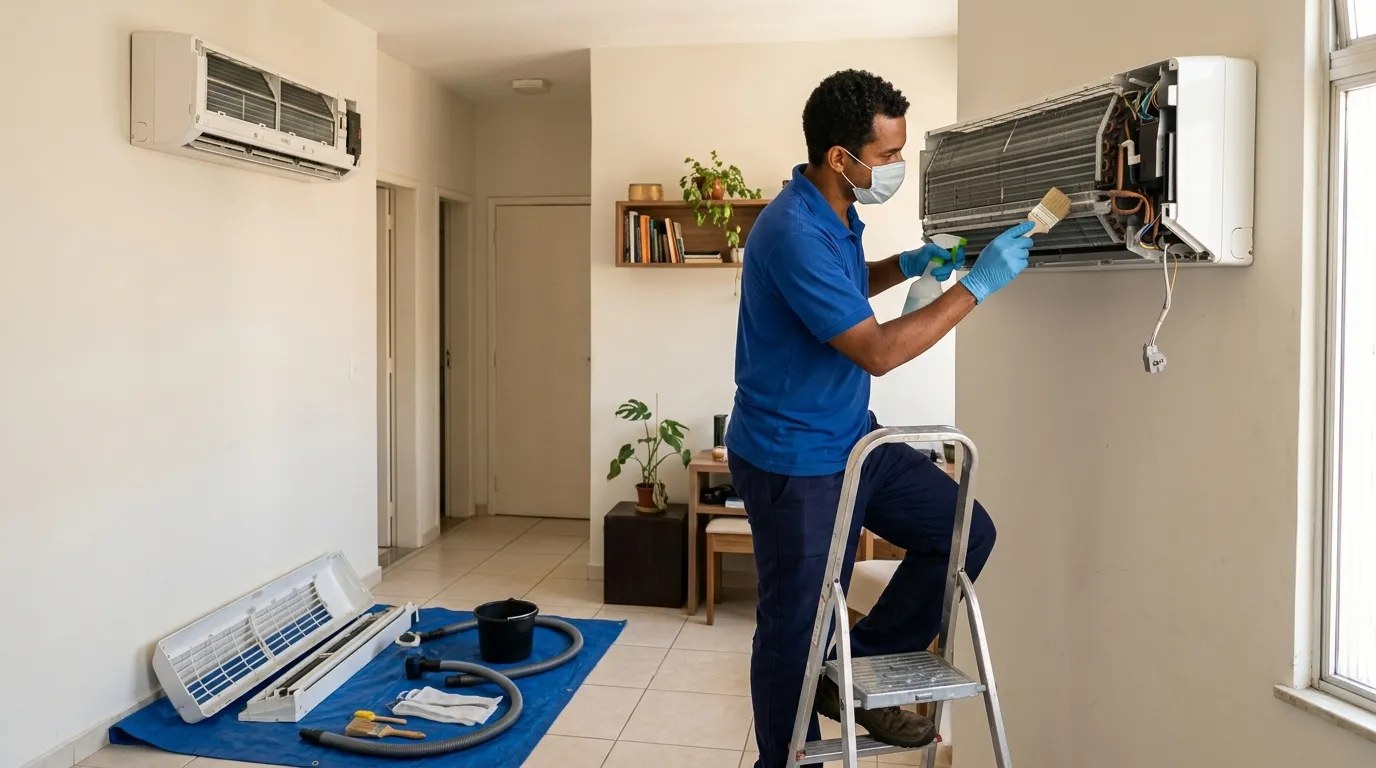 Técnico fazendo manutenção de ar-condicionado split em Londrina‑PR