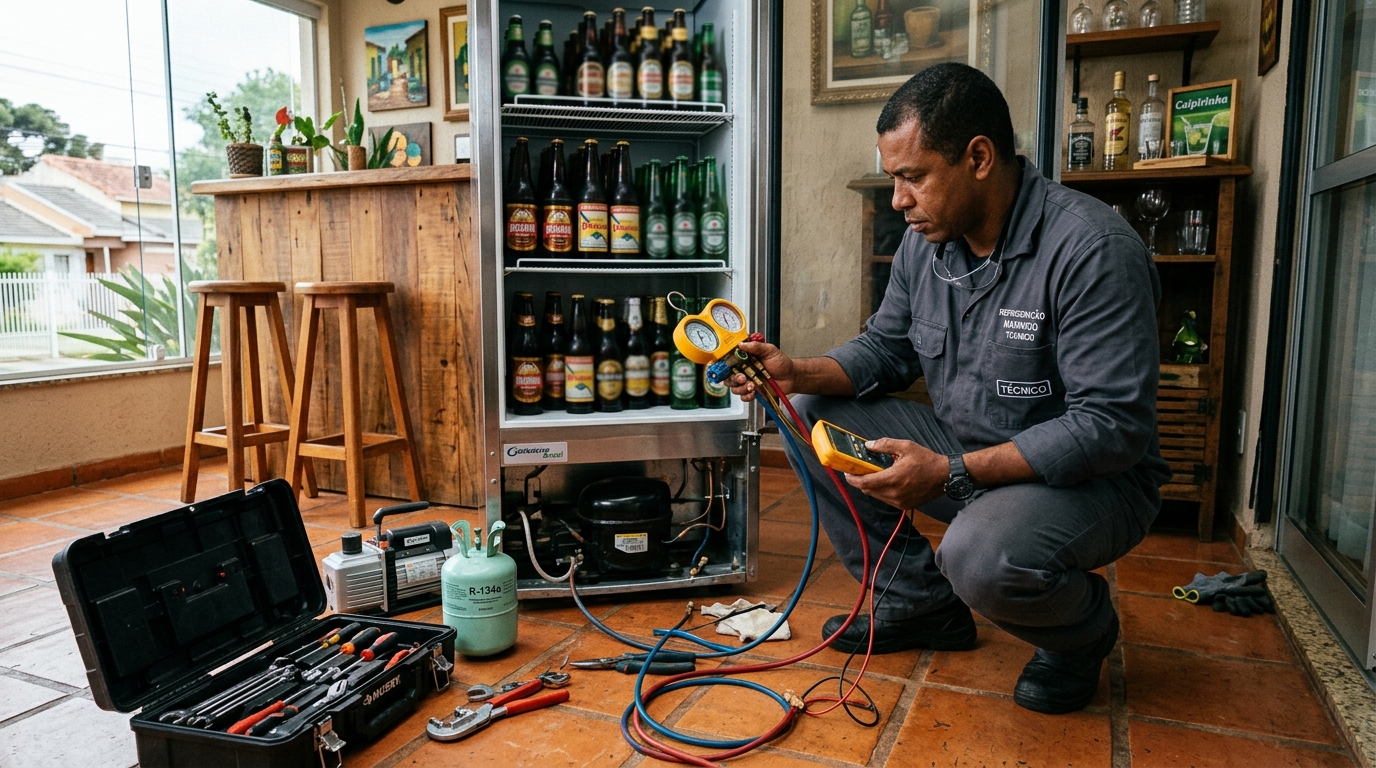 Técnico conferindo a temperatura de uma cervejeira durante atendimento no Vale do Sol, Londrina‑PR