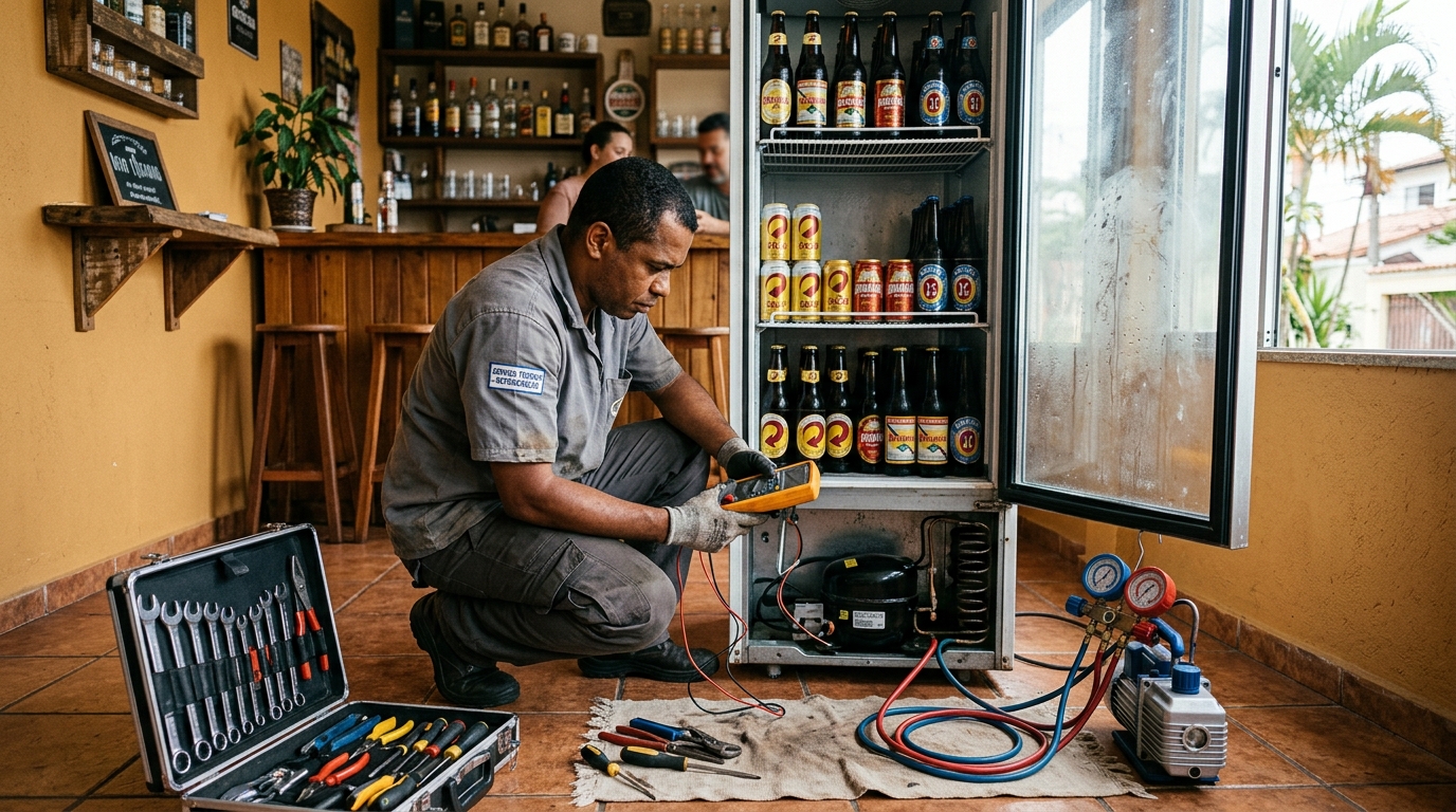 Substituição do termostato de uma cervejeira no Vale do Sol, Londrina‑PR