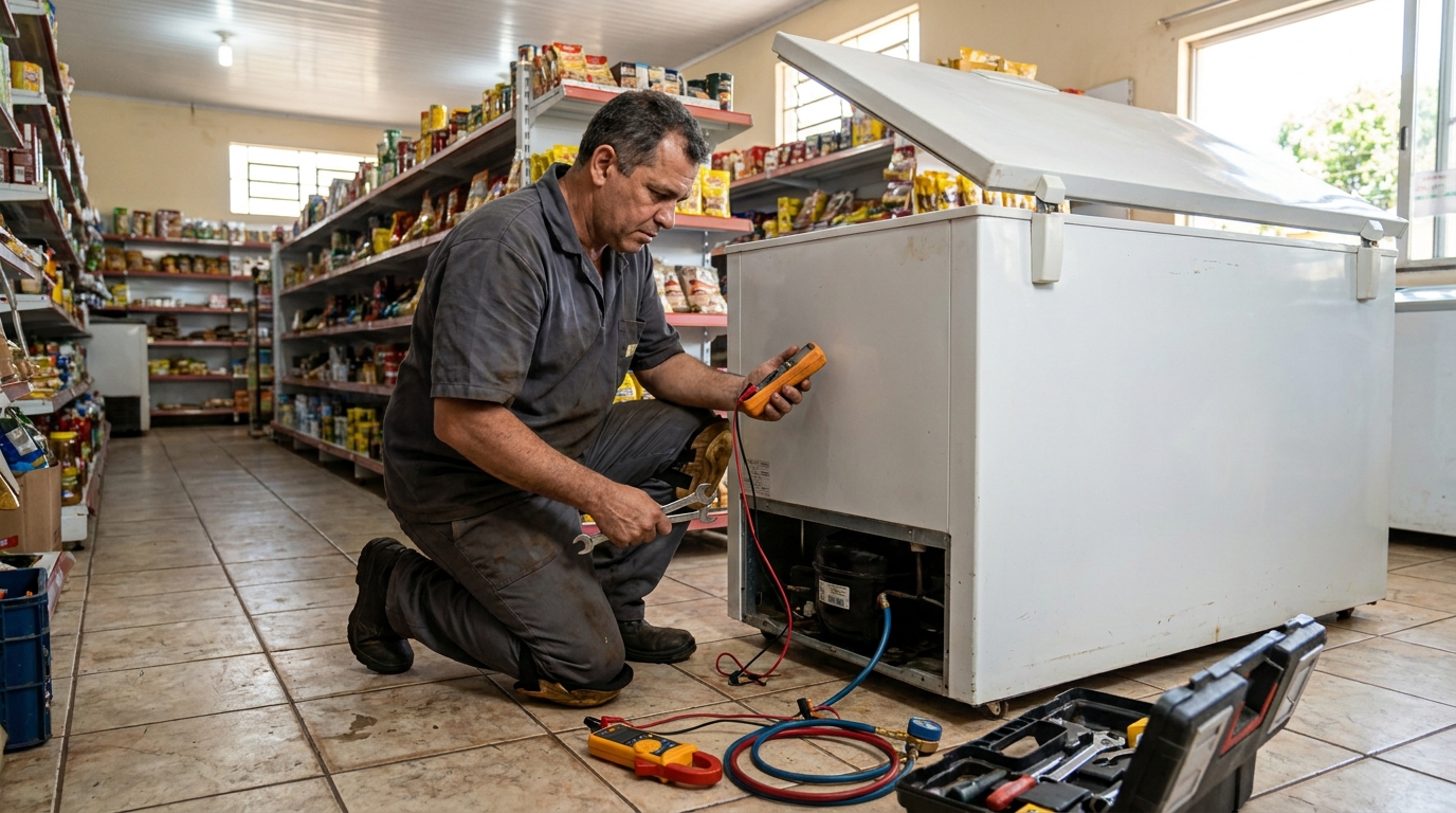 Substituição do termostato de um freezer durante visita técnica no Distrito Warta, Londrina‑PR